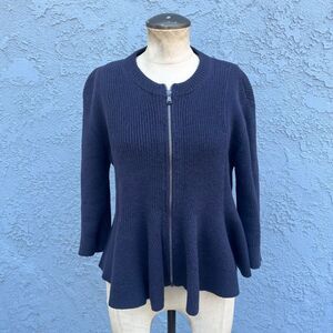 PHILLIP LIM 3.1 Zip Front Cardigan Ribbed Sweater Cashmere Cotton Navy peplum